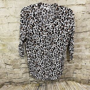 Amaryllis Black Brown Leopard Print 3/4 Sleeve V Neck Tunic Top